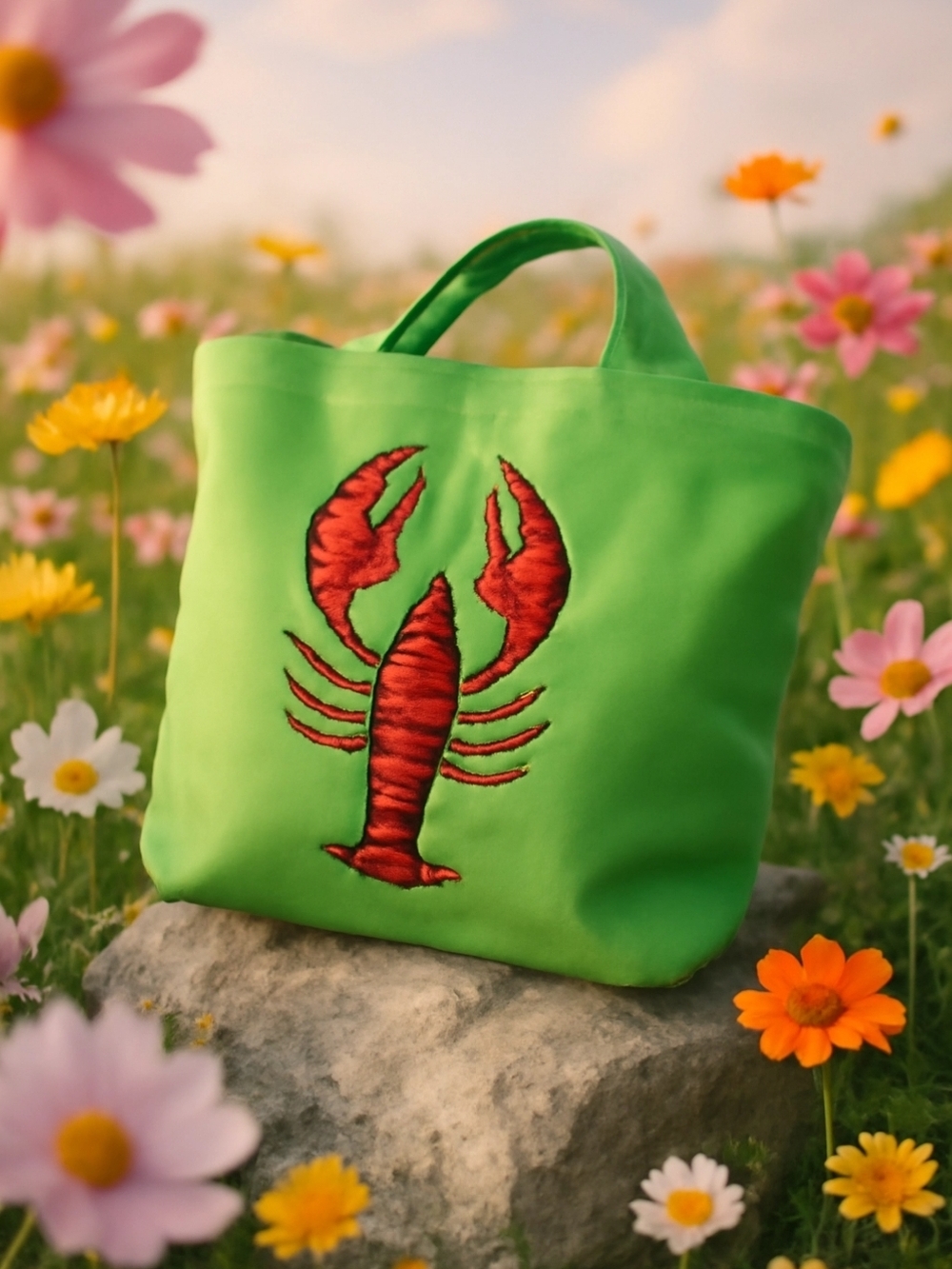 Green Tote Bag with Red Lobster Embroidery - Unbranded